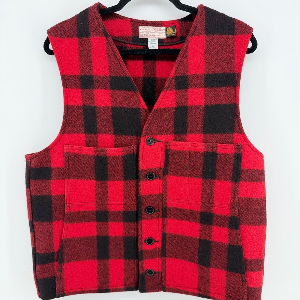 VTG‎ Filson Mackinaw Style 20 Virgin Wool Vest Red Black Buffalo Check USA 44 Lg